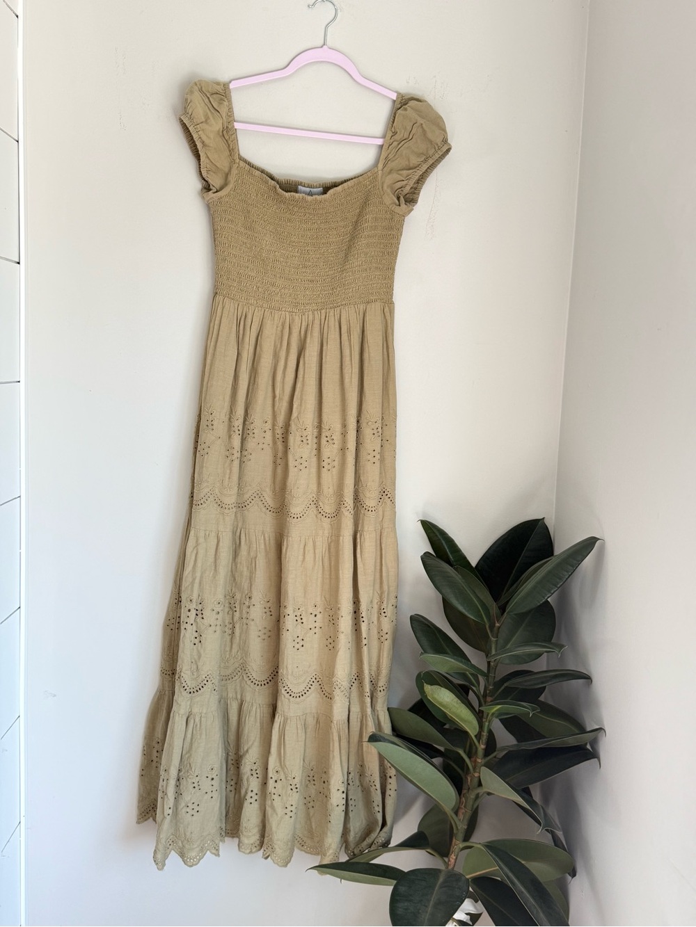 AREA Stars 100% Cotton Smocked Eyelet Maxi Dress  Boho Cottagecore Size L - Picture 2 of 6